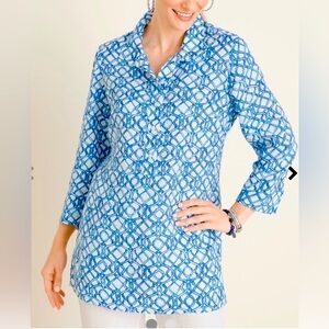 ⚜️Chico’s 100% Linen Tunic Pullover Painted Links Woven Pattern Top 12/14